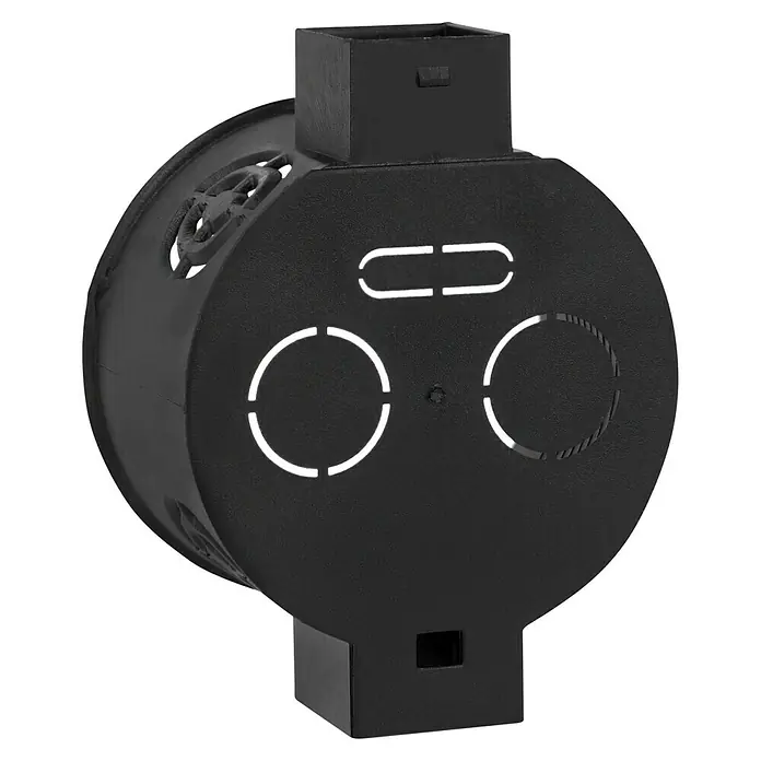 Kombischalterdose Normal - 60 x 41 mm, 1-fach, Schwarz, 1 Stk. - Schwarze runde Verteilerdose aus Kunststoff mit mehreren Aussparungen für Kabelanschlüsse, ideal für Elektroinstallationen.