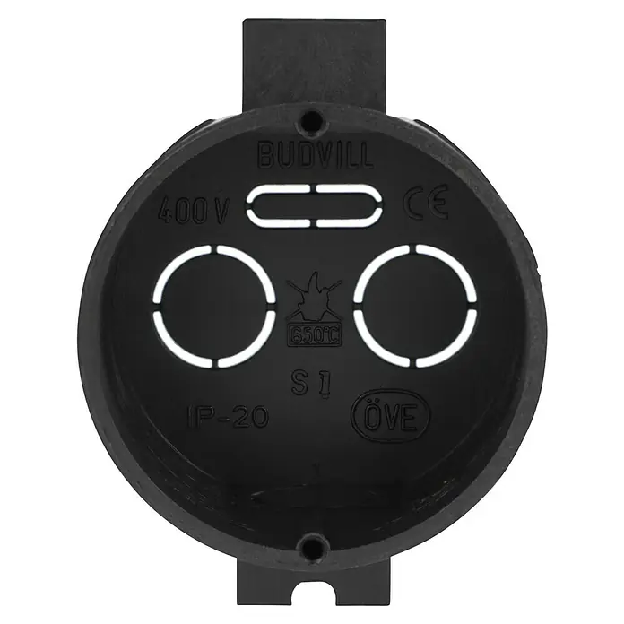 Kombischalterdose Normal - 60 x 41 mm, 1-fach, Schwarz, 1 Stk. - Schwarze Budvill-Gerätedose mit Öffnungen für Kabel und Aufdrucken mit technischen Daten.