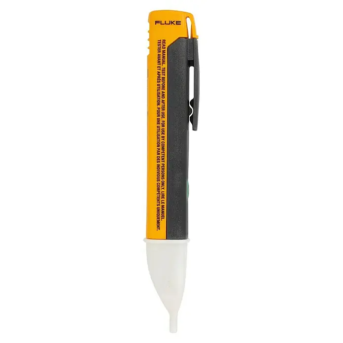 Fluke Kontaktloser Spannungsprüfer VoltAlert 1AC-II - 200 V - 1.000 V, IP40, CAT IV 1.000 V - Nahaufnahme eines gelben Fluke-Spannungsprüfers mit Warnhinweisen, der die Marke und Sicherheitsinformationen hervorhebt.