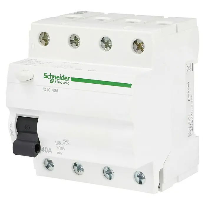 Schneider Electric FI-Schalter ID K - 40 A, Typ A, 30 mA, Polanzahl: 4 - Ein Schneider Electric ID K 40A Fehlerstrom-Schutzschalter (FI-Schalter) für zuverlässigen Schutz vor gefährlichen Fehlerströmen.