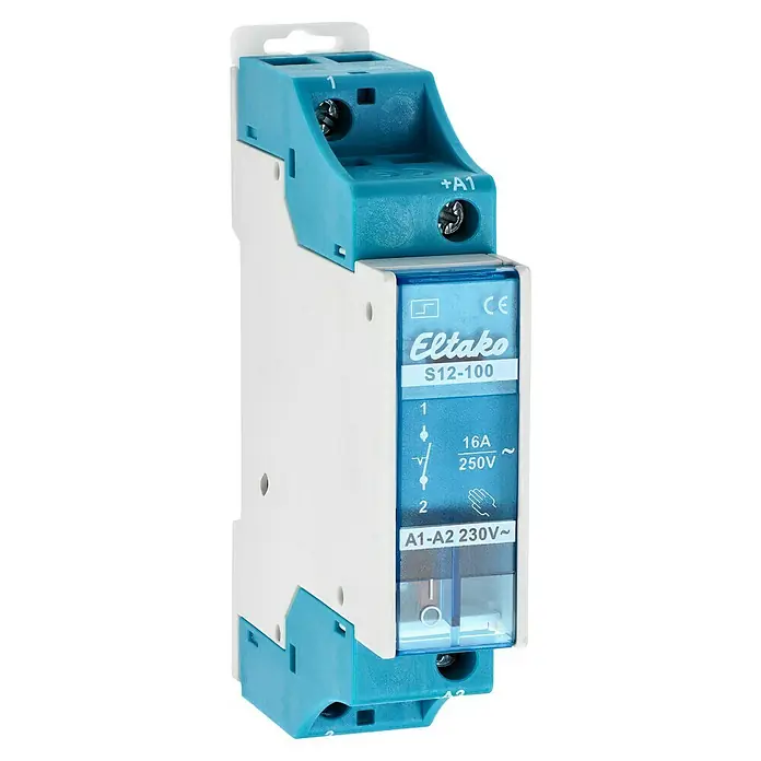 Eltako Stromstoßschalter S12-100-230V - 250 V - Nahaufnahme eines Eltako S12-100 Schaltrelais. Kompaktes Design für DIN-Schienenmontage, ideal für die Gebäudeautomation und Steuerung von Beleuchtung.
