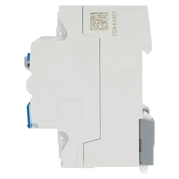 Hager FI-Schalter CDA440D - 40 A, 0,03 A, Polanzahl: 4 - Seitenansicht eines Hager CDA440D1 Fehlerstromschutzschalters, der für elektrische Sicherheit in Installationen sorgt.