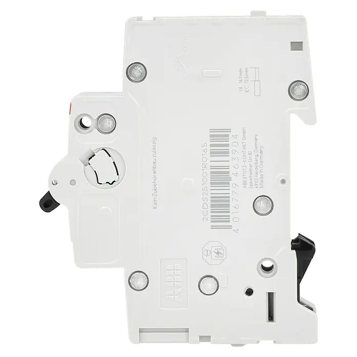 ABB System pro M compact Sicherungsautomat S201 B16A - B, 16 A, 6 kA, 1 Stk. - Seitenansicht eines ABB-Leistungsschalters mit technischen Details und Herstellerinformationen.
