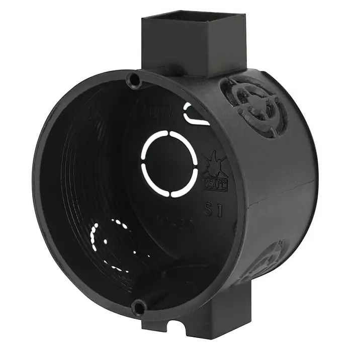 Kombischalterdose Normal - 60 x 41 mm, 1-fach, Schwarz, 1 Stk. - Abbildung einer schwarzen, runden Gerätedose aus Kunststoff, die zur Elektroinstallation verwendet wird.