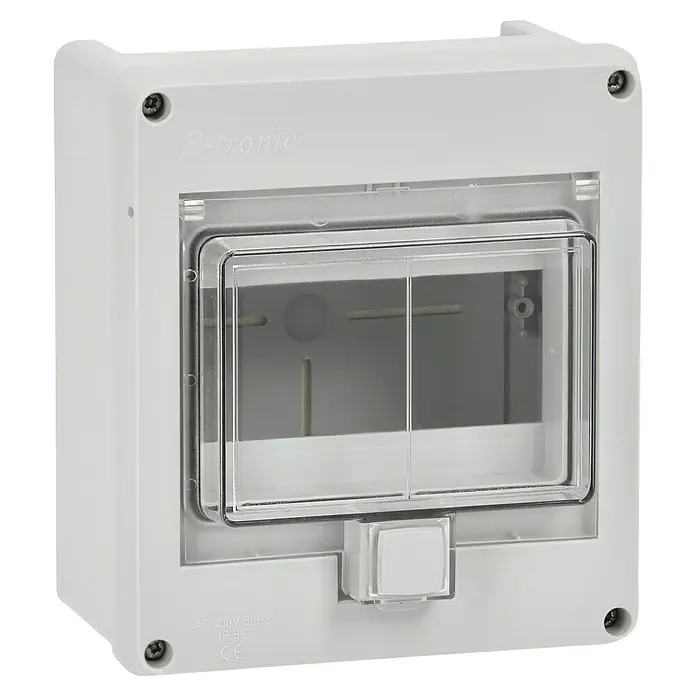 F-tronic Aufputz-Verteiler Feuchtraum - Anzahl Reihen: 1 Stk., 16 x 9 cm, Grau - Weiße F-Tronic Aufputz-Sicherungskasten mit transparentem Deckel, ideal für elektrische Installationen im Innenbereich.