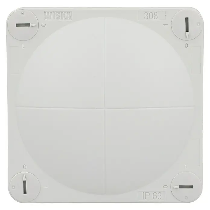 Wiska Feuchtraum-Abzweigdose COMBI 308 LG - 85 x 85 x 51 mm, Aufputz, IP66 - Bild einer Wiska Abzweigdose 308, ein robustes und wasserdichtes Gehäuse für elektrische Installationen, ideal für den Außenbereich und industrielle Anwendungen.