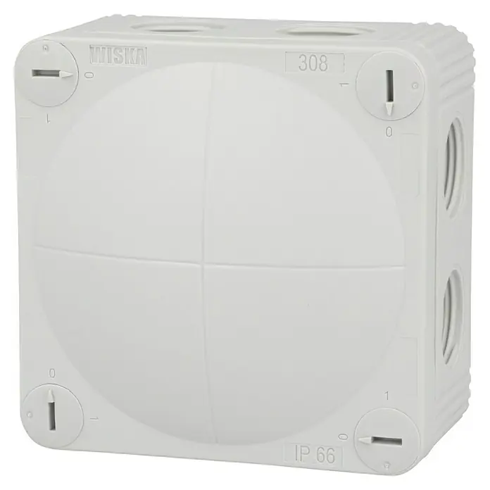 Wiska Feuchtraum-Abzweigdose COMBI 308 LG - 85 x 85 x 51 mm, Aufputz, IP66 - Ein weißer WISKA 308 Abzweigkasten mit der Schutzart IP66. Er ist würfelförmig und hat auf jeder Seite Öffnungen.