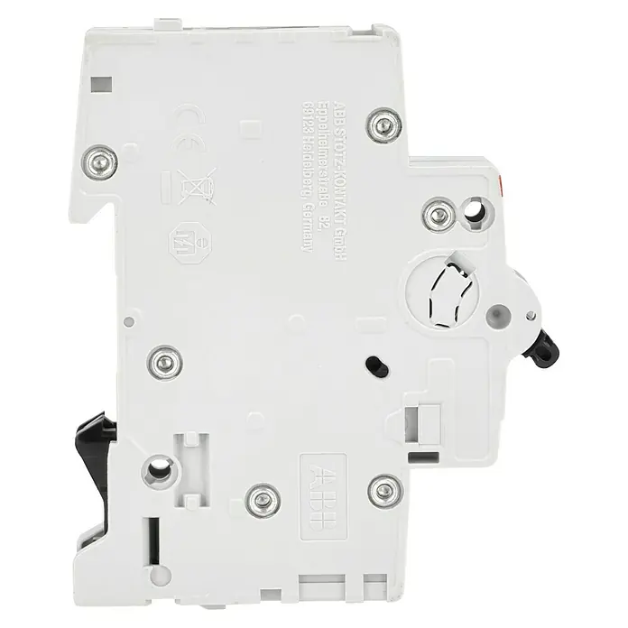 ABB System pro M compact Sicherungsautomat S201 B16A - B, 16 A, 6 kA, 1 Stk. - Ein weißer ABB-Leitungsschutzschalter, fotografiert von der Seite, zeigt Details wie Schrauben, Markierungen und Logos.