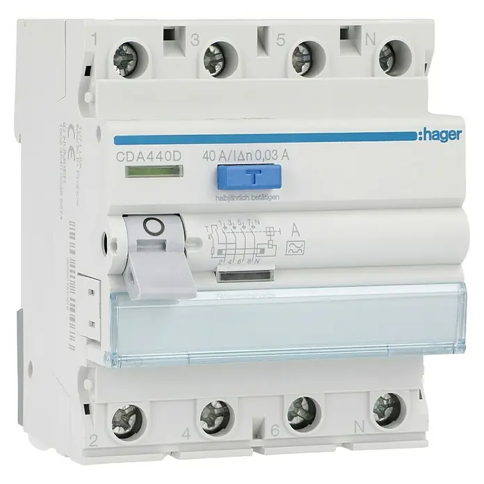 Hager FI-Schalter CDA440D - 40 A, 0,03 A, Polanzahl: 4 - Das Bild zeigt einen Fehlerstrom-Schutzschalter (FI-Schalter) der Marke Hager, Modell CDA440D, mit einer Stromstärke von 40 A und einem Auslösestrom von 0,03 A.