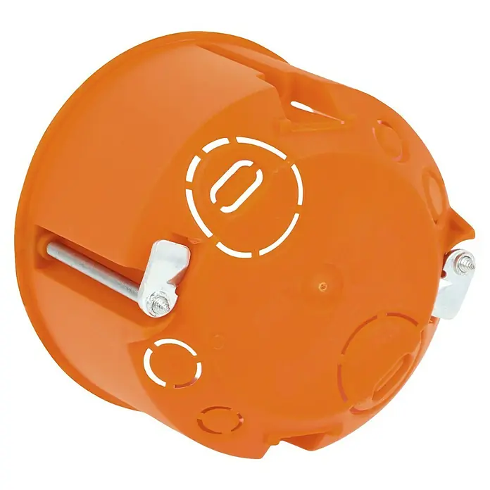 Hohlwanddose Normal - 68 x 47 mm, 1-fach, Orange, 1 Stk. - Nahaufnahme einer orangefarbenen Unterputzdose für Elektroinstallationen mit Schrauben und Metallelementen.