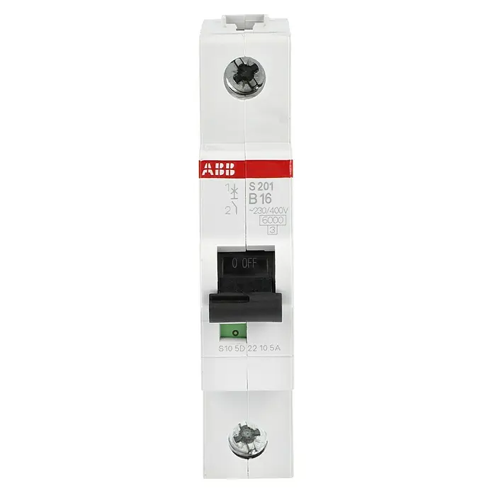 ABB System pro M compact Sicherungsautomat S201 B16A - B, 16 A, 6 kA, 1 Stk. - Ein ABB S201 B16 Leitungsschutzschalter, der für den Schutz von Stromkreisen vor Überlastung und Kurzschlüssen sorgt, im ausgeschalteten Zustand.