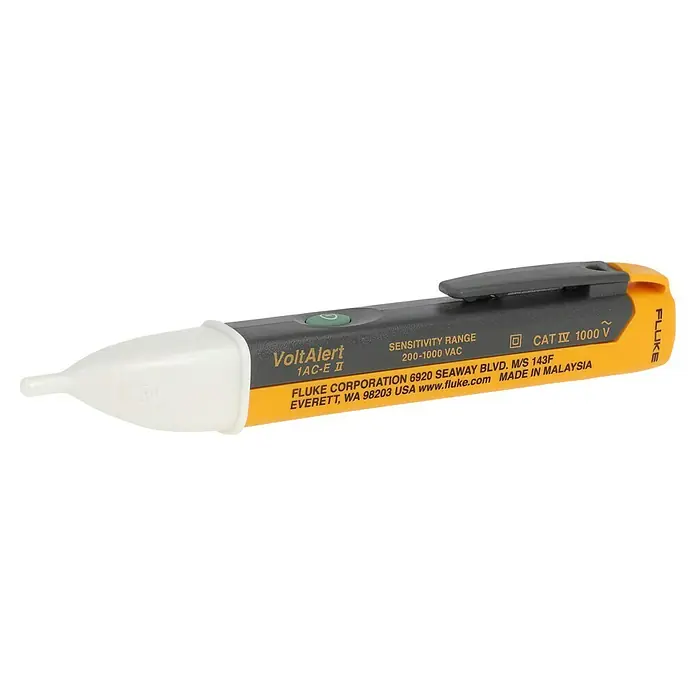 Fluke Kontaktloser Spannungsprüfer VoltAlert 1AC-II - 200 V - 1.000 V, IP40, CAT IV 1.000 V - Das Bild zeigt einen Fluke VoltAlert 1AC-E II Spannungsprüfer. Er ist gelb und schwarz und hat eine weisse Spitze. Das Gerät dient zur berührungslosen Spannungsprüfung.