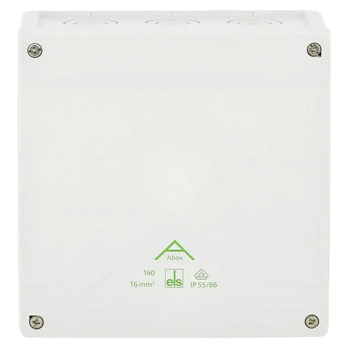 Spelsberg Feuchtraum-Abzweigdose Abox - 182 x 182 x 90 mm, Aufputz, IP66 - Nahaufnahme einer weißen Abox-Verteilerdose, ideal für Elektroinstallationen und sichere Verbindungen.