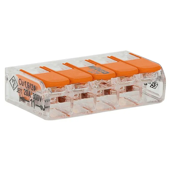 Wago Compact Hebelklemme 221-415 - Anzahl Leiter: 5 Stk., 0,14 mm² - 4 mm², 25 Stk. - Wago 221-Verbinder mit fünf Anschlüssen, ideal für die sichere und einfache Verbindung von Drähten in Elektroinstallationen.