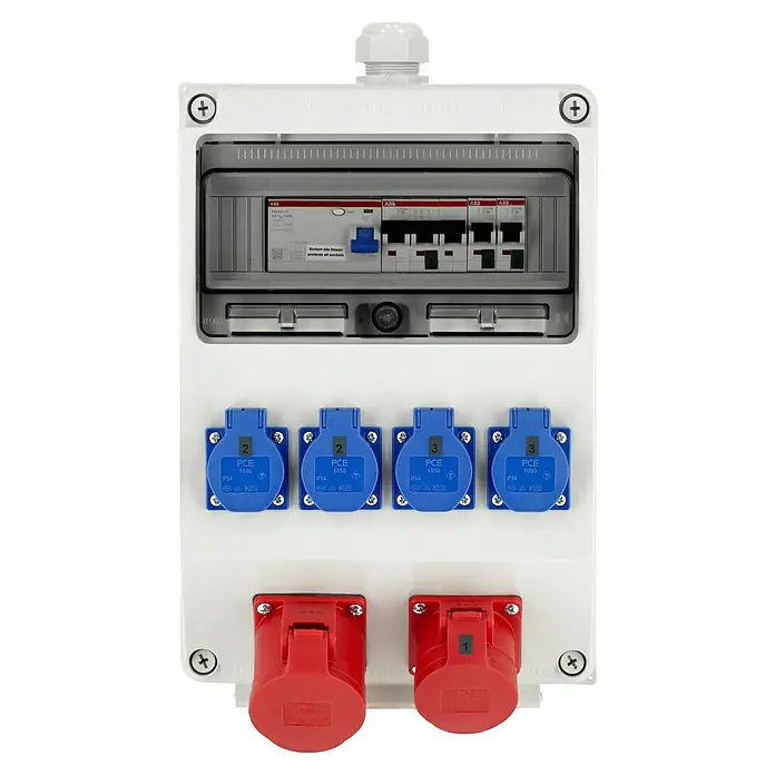 Baustromverteiler Wandverteiler - Anzahl CEE-Steckdosen: 2 Stk., Anzahl Steckdosen Schuko: 4 Stk., IP54 - Weiße Stromverteilerbox mit Sicherungskasten, blauen CEE-Steckdosen und roten CEE-Steckdosen für den flexiblen Einsatz in verschiedenen Umgebungen.