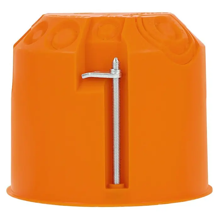 Kaiser Hohlwanddose 9064-02 - 68 x 62 mm, Hohlwand, Orange, 1 Stk. - Nahaufnahme einer orangefarbenen Unterputzdose für Elektroinstallationen, mit Befestigungsschraube und Details.
