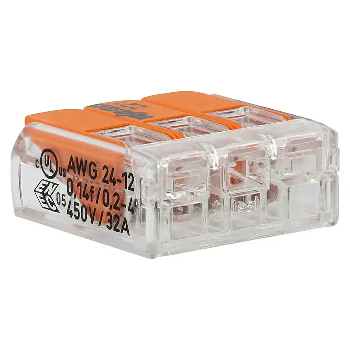 Wago Compact Hebelklemme 221-413 - Anzahl Leiter: 3 Stk., 0,14 mm² - 4 mm², 50 Stk. - Nahaufnahme eines dreipoligen Wago 221-Verbindungsstücks mit orangefarbenen Hebeln und transparentem Gehäuse, das technische Details zeigt.