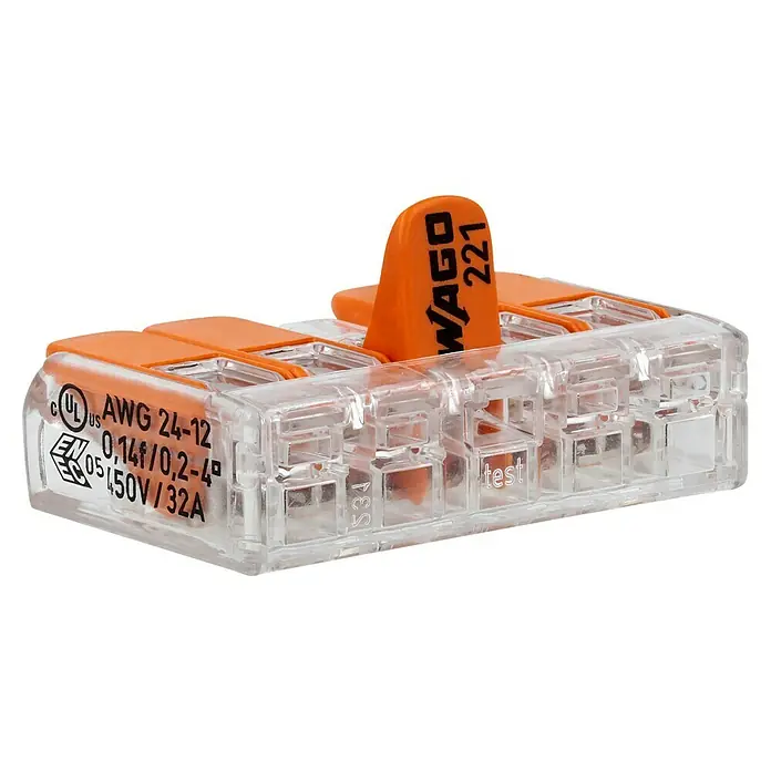 Wago Compact Hebelklemme 221-415 - Anzahl Leiter: 5 Stk., 0,14 mm² - 4 mm², 25 Stk. - Ein Wago 221-Verbindungsklemme, ein elektrischer Verbinder mit Hebeln, für schnelle, sichere und zuverlässige Verbindungen von Drähten.