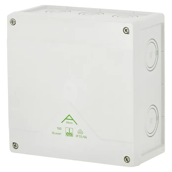 Spelsberg Feuchtraum-Abzweigdose Abox - 182 x 182 x 90 mm, Aufputz, IP66 - Aufnahme des Els Abox 160, einem robusten, weißen Aufputzgehäuse mit Schraubverschluss für den sicheren Einsatz im Innen- und Außenbereich.