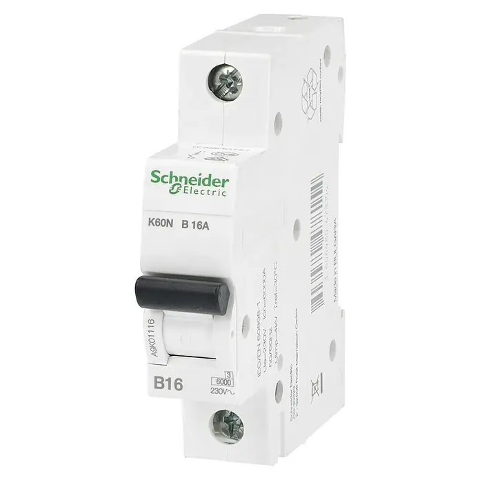 Schneider Electric Leitungsschutzschalter K60N - Auslösecharakteristik: B, 16 A, Bemessungsfehlerstrom: 6 kA, Polanzahl: 1 Stk. - Einphasiger Leitungsschutzschalter K60N B16A von Schneider Electric, der vor Überlastung und Kurzschlüssen in elektrischen Anlagen schützt.