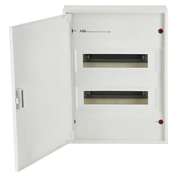 ABB - Striebel & John Aufputz-Verteiler AK624N3 + Tür AZT620 - Anzahl Reihen: 2 Stk., 33,9 x 45,3 cm, Weiß, RAL 9016 - Aufnahme eines offenen ABB AK600 AC400V 63A IP30-Schaltschranks, der seine internen Komponenten zeigt.