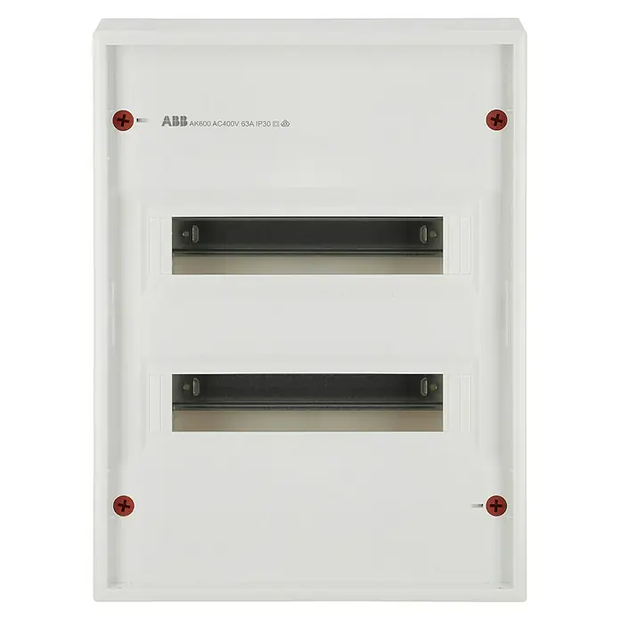 ABB - Striebel & John Aufputz-Verteiler AK624N3 + Tür AZT620 - Anzahl Reihen: 2 Stk., 33,9 x 45,3 cm, Weiß, RAL 9016 - ABB AK600 AC400V 63A IP30 Verteilerkasten mit Schrauben. Das Gehäuse ist weiß mit zwei schwarzen, horizontalen Schlitzen.