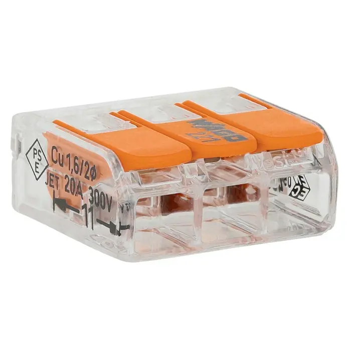 Wago Compact Hebelklemme 221-413 - Anzahl Leiter: 3 Stk., 0,14 mm² - 4 mm², 50 Stk. - Drei-Leiter-Klemme Wago 221 mit transparentem Gehäuse und orangefarbenen Betätigungshebeln für sichere und schnelle Kabelverbindungen.