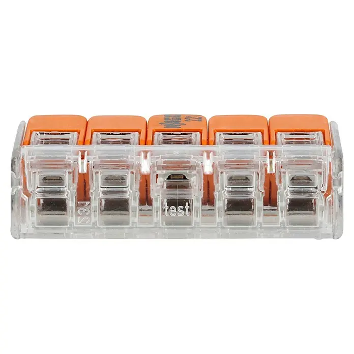 Wago Compact Hebelklemme 221-415 - Anzahl Leiter: 5 Stk., 0,14 mm² - 4 mm², 25 Stk. - Nahaufnahme einer WAGO 221-Verbindungsklemme mit fünf Anschlüssen und orangefarbenen Hebeln, die eine einfache und sichere Kabelverbindung ermöglicht.