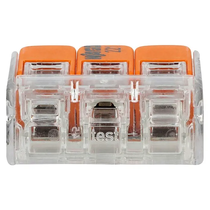 Wago Compact Hebelklemme 221-413 - Anzahl Leiter: 3 Stk., 0,14 mm² - 4 mm², 50 Stk. - Detailansicht einer Wago 221-Verbindungsklemme mit drei Anschlüssen, ideal für sichere und einfache Elektroinstallationen.