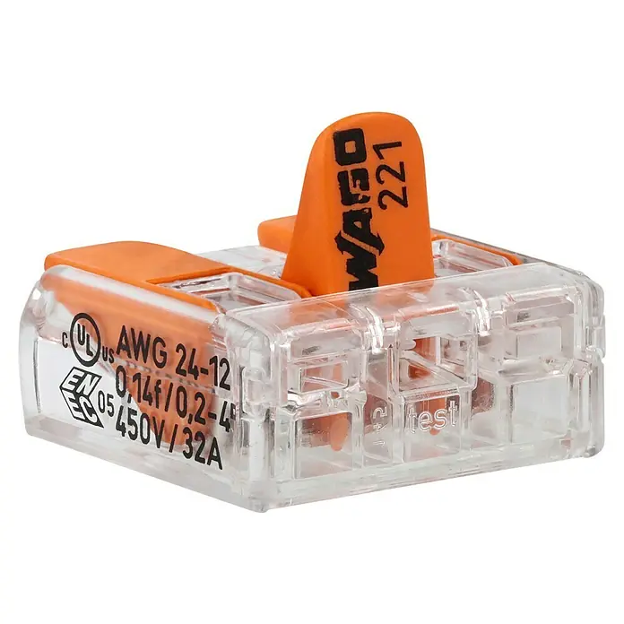 Wago Compact Hebelklemme 221-413 - Anzahl Leiter: 3 Stk., 0,14 mm² - 4 mm², 50 Stk. - Nahaufnahme eines WAGO 221-Verbindungsstücks, das eine sichere und werkzeuglose Verbindung für elektrische Leitungen bietet.