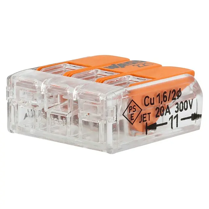 Wago Compact Hebelklemme 221-413 - Anzahl Leiter: 3 Stk., 0,14 mm² - 4 mm², 50 Stk. - Ein WAGO 221-Verbinder mit drei Anschlüssen, orangefarbenen Hebeln und einem transparenten Gehäuse. Er ist für Kupferleiter bis 2,5 mm² geeignet.