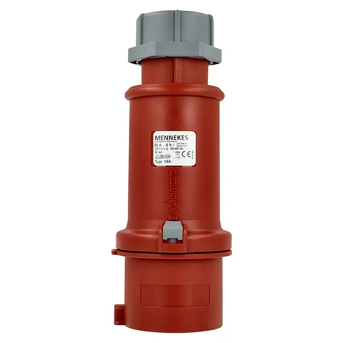 Mennekes CEE-Stecker - 32 A, 400 V, Polanzahl: 5 Stk., IP44 - Ein roter Mennekes 32A Industriestecker, geeignet für 200/346V - 240/415V bei 50-60 Hz, Typ 14A, ideal für robuste Anwendungen.