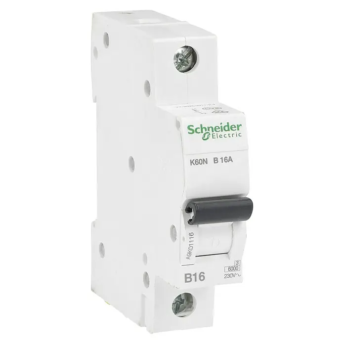 Schneider Electric Leitungsschutzschalter K60N - Auslösecharakteristik: B, 16 A, Bemessungsfehlerstrom: 6 kA, Polanzahl: 1 Stk. - Schneider Electric K60N B16A Leitungsschutzschalter mit gut sichtbarem Kippschalter und Schraubanschluss für zuverlässigen Schutz.