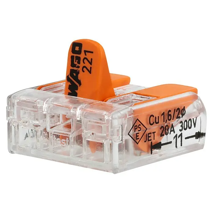 Wago Compact Hebelklemme 221-413 - Anzahl Leiter: 3 Stk., 0,14 mm² - 4 mm², 50 Stk. - Nahaufnahme eines Wago 221-Verbindungsstücks, ein kompakter und transparenter Klemmenblock mit orangefarbenen Hebeln, der für sichere elektrische Verbindungen sorgt.