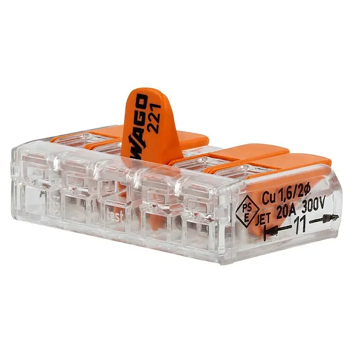 Wago Compact Hebelklemme 221-415 - Anzahl Leiter: 5 Stk., 0,14 mm² - 4 mm², 25 Stk. - Eine Nahaufnahme eines Wago 221-413-Drei-Leiter-Verbindungsstücks. Diese Klemme ermöglicht eine schnelle und sichere Verbindung von Drähten.