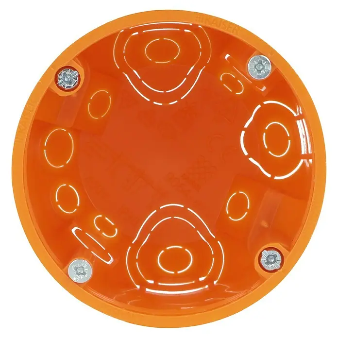 Kaiser Hohlwanddose 9064-02 - 68 x 62 mm, Hohlwand, Orange, 1 Stk. - Orangefarbene Installationsdose von Kaiser mit mehreren Aussparungen und Schrauben zur Befestigung.