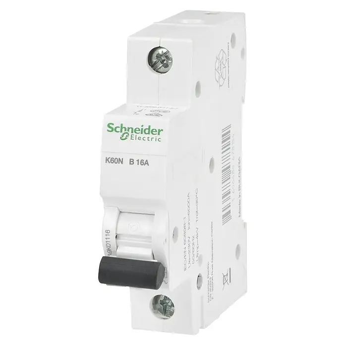 Schneider Electric Leitungsschutzschalter K60N - Auslösecharakteristik: B, 16 A, Bemessungsfehlerstrom: 6 kA, Polanzahl: 1 Stk. - Ein Schneider Electric K60N B 16A Leitungsschutzschalter. Zum Schutz von elektrischen Anlagen vor Überlast und Kurzschlüssen.