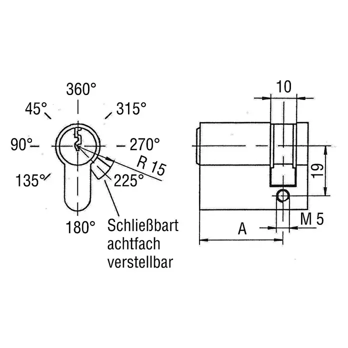Bks Profilzylinder PZ 88 27/10 MM - Baulänge innen: 10 mm, Baulänge außen: 27 mm, Anzahl Schlüssel: 3 Stk. - Technische Zeichnung eines Schließzylinders mit Maßen, Drehwinkel der Schließnase und Gewindeangabe M5.