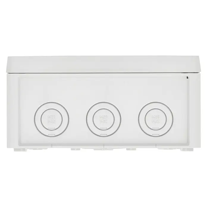 Spelsberg Feuchtraum-Abzweigdose Abox - 182 x 182 x 90 mm, Aufputz, IP66 - Nahaufnahme einer weißen Verteilerdose mit vorgeprägten Ausbrechöffnungen für Kabelverschraubungen in den Größen M20 und M32.