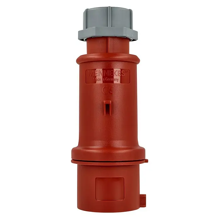 Mennekes CEE-Stecker - 32 A, 400 V, Polanzahl: 5 Stk., IP44 - Industriestecker von Mennekes, rot mit grauem Verschluss. Das robuste Design ist ideal für anspruchsvolle Umgebungen und sorgt für sichere Verbindungen.
