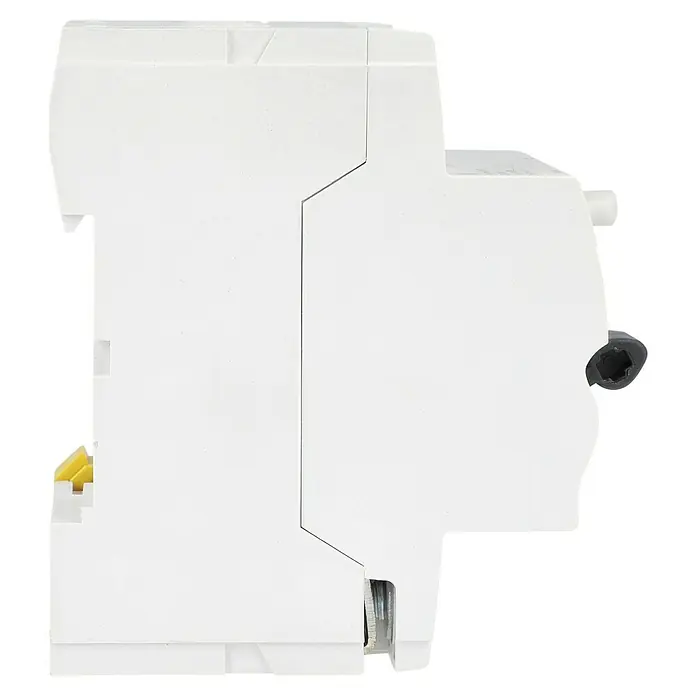 Schneider Electric FI-Schalter ID K - 40 A, Typ A, 30 mA, Polanzahl: 4 - Ein seitlicher Blick auf einen weißen Leitungsschutzschalter, der für den Schutz elektrischer Schaltkreise konzipiert ist.