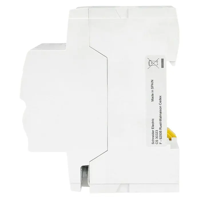 Schneider Electric FI-Schalter ID K - 40 A, Typ A, 30 mA, Polanzahl: 4 - Seitenansicht eines weißen elektronischen Geräts von Schneider Electric, hergestellt in Spanien.