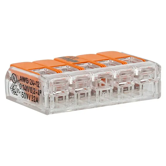 Wago Compact Hebelklemme 221-415 - Anzahl Leiter: 5 Stk., 0,14 mm² - 4 mm², 25 Stk. - Nahaufnahme einer 4-Leiter-Klemmenleiste WAGO 221 mit transparentem Gehäuse und orangefarbenen Betätigungshebeln zur sicheren elektrischen Verbindung.
