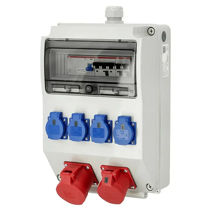 Baustromverteiler Wandverteiler - Anzahl CEE-Steckdosen: 2 Stk., Anzahl Steckdosen Schuko: 4 Stk., IP54 - Einbausteckdose mit Fehlerstrom-Schutzschalter und mehreren Steckdosen in Rot und Blau für verschiedene Anwendungen.