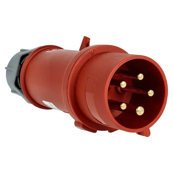 Mennekes CEE-Stecker - 32 A, 400 V, Polanzahl: 5 Stk., IP44 - Nahaufnahme eines roten Industriestromsteckers mit fünf Stiften. Ideal für Starkstromanwendungen.