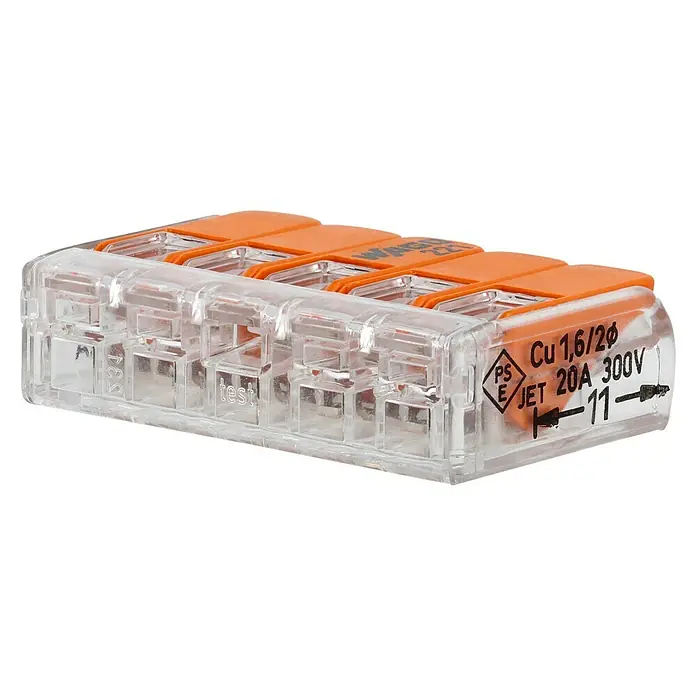 Wago Compact Hebelklemme 221-415 - Anzahl Leiter: 5 Stk., 0,14 mm² - 4 mm², 25 Stk. - WAGO 221-413 Verbindungsklemme mit 3 Anschlüssen für schnelle, sichere und werkzeuglose Installation von Leitern bis 4 mm².