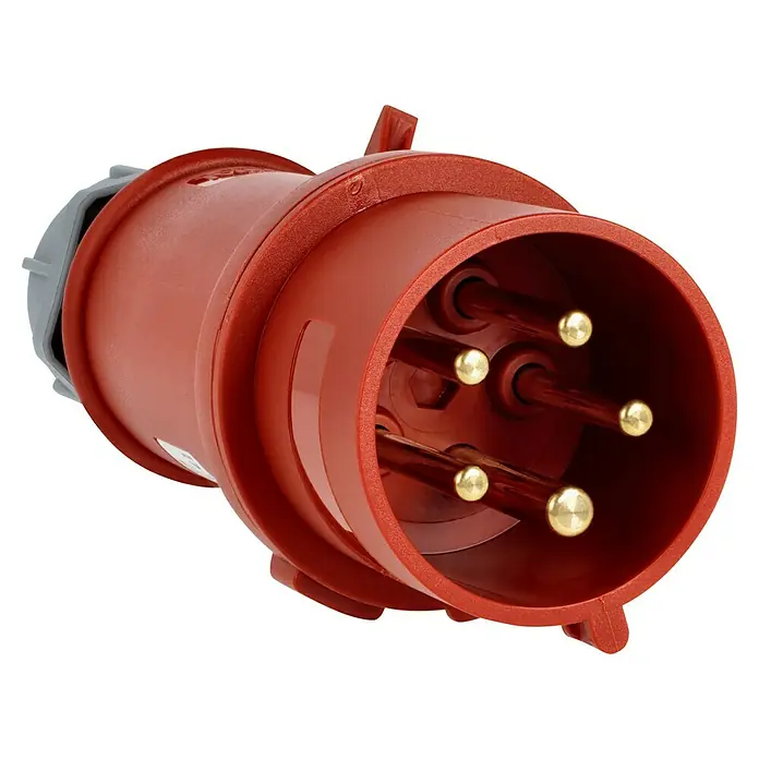 Mennekes CEE-Stecker - 32 A, 400 V, Polanzahl: 5 Stk., IP44 - Nahaufnahme eines roten Industriesteckers mit fünf Stiften. Ideal für Starkstromanwendungen und sichere Verbindungen im Gewerbebereich.