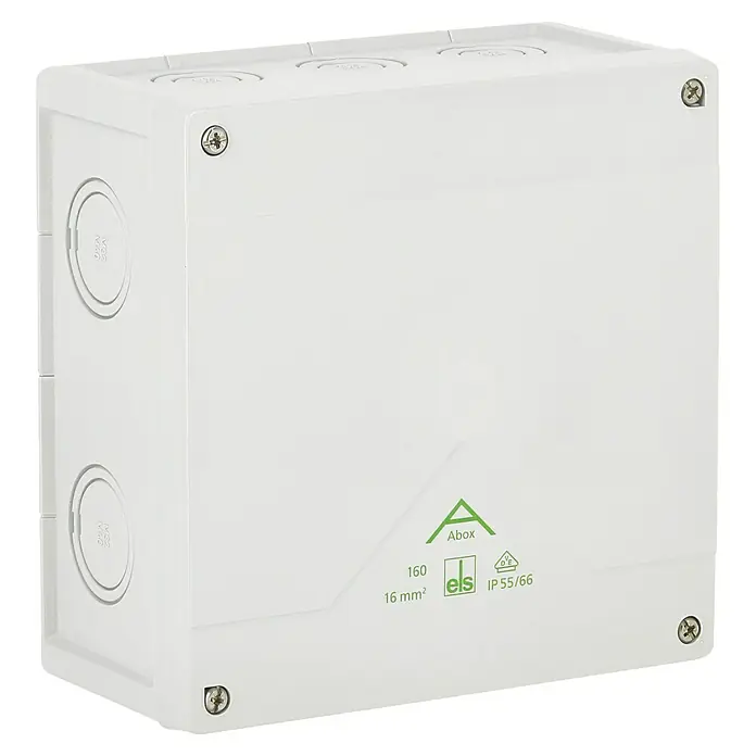 Spelsberg Feuchtraum-Abzweigdose Abox - 182 x 182 x 90 mm, Aufputz, IP66 - Eine weiße Abox 160 Abzweigdose mit IP55/66 Schutzart für Elektroinstallationen.
