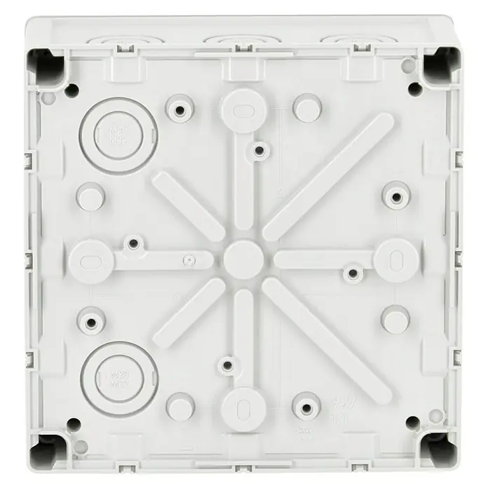 Spelsberg Feuchtraum-Abzweigdose Abox - 182 x 182 x 90 mm, Aufputz, IP66 - Detailaufnahme eines weißen, quadratischen Verteilerkastens mit diversen Aussparungen und Verstrebungen.