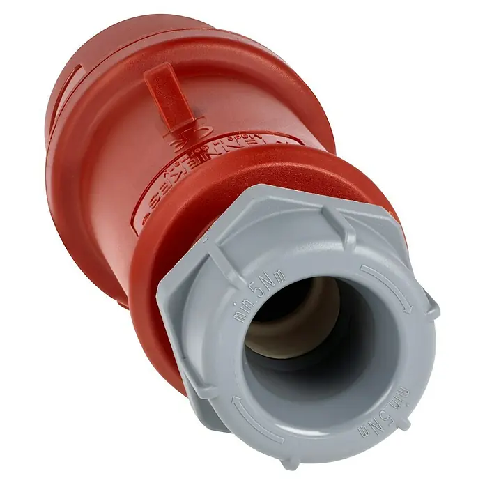 Mennekes CEE-Stecker - 32 A, 400 V, Polanzahl: 5 Stk., IP44 - Ein roter MENNEKES-Stecker mit grauem Schraubverschluss für sichere elektrische Verbindungen.